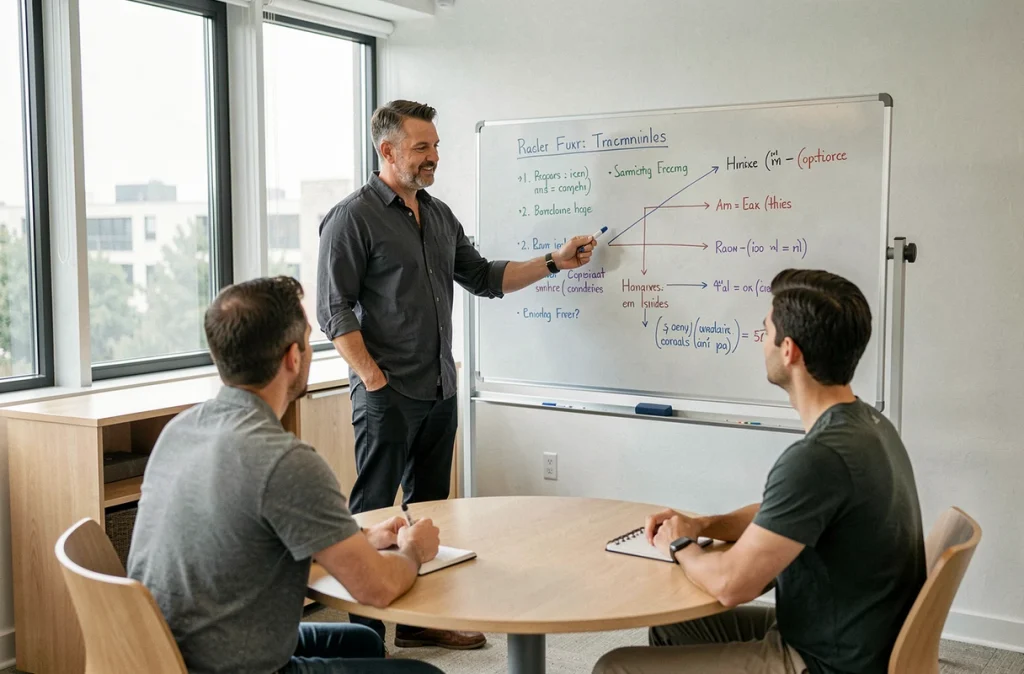 Formateur animant une session de formation courte pour adultes en reconversion dans une salle de cours professionnelle