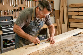 Homme adulte mesurant une planche en bois dans un atelier de bricolage avec tablier en jean et lunettes de protection