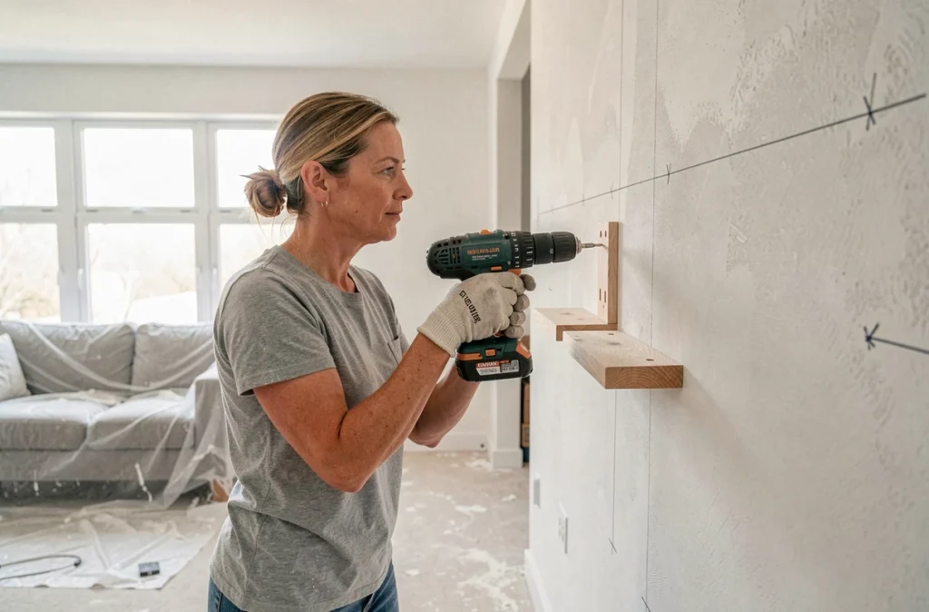 Femme en train de percer un mur intérieur pour poser une étagère lors d'un apprentissage du bricolage à domicile