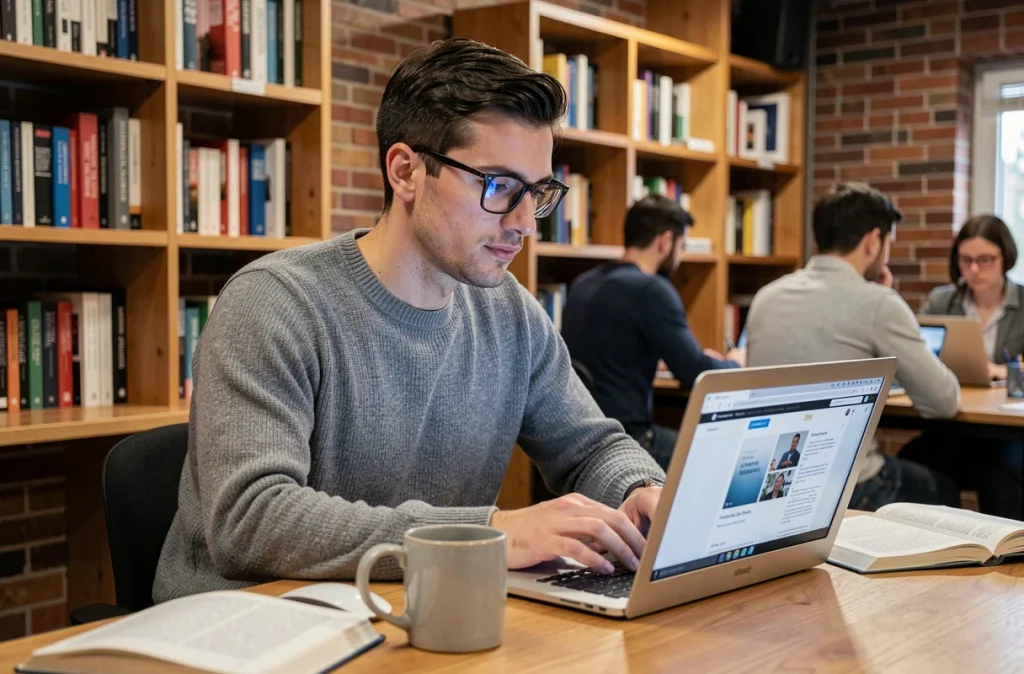 Jeune professionnel suivant une formation en ligne sur ordinateur portable dans un espace de coworking