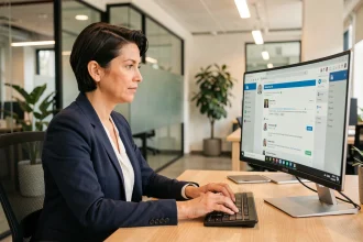 Femme professionnelle analysant son profil LinkedIn sur un écran d'ordinateur dans un bureau moderne, illustrant la formation LinkedIn en social selling B2B