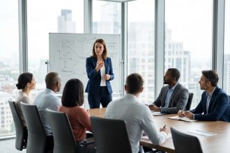 Formatrice dynamique maintenant l'attention d'un groupe de participants en salle de formation professionnelle