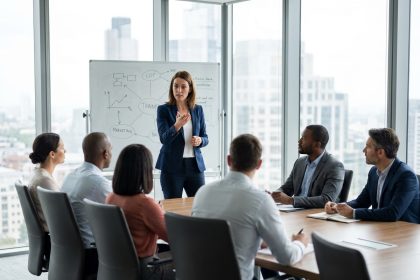 Formatrice dynamique maintenant l'attention d'un groupe de participants en salle de formation professionnelle