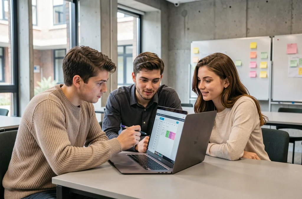 Groupe d'étudiants collaborant sur un projet via l'ENT CESI dans un espace de travail campus moderne