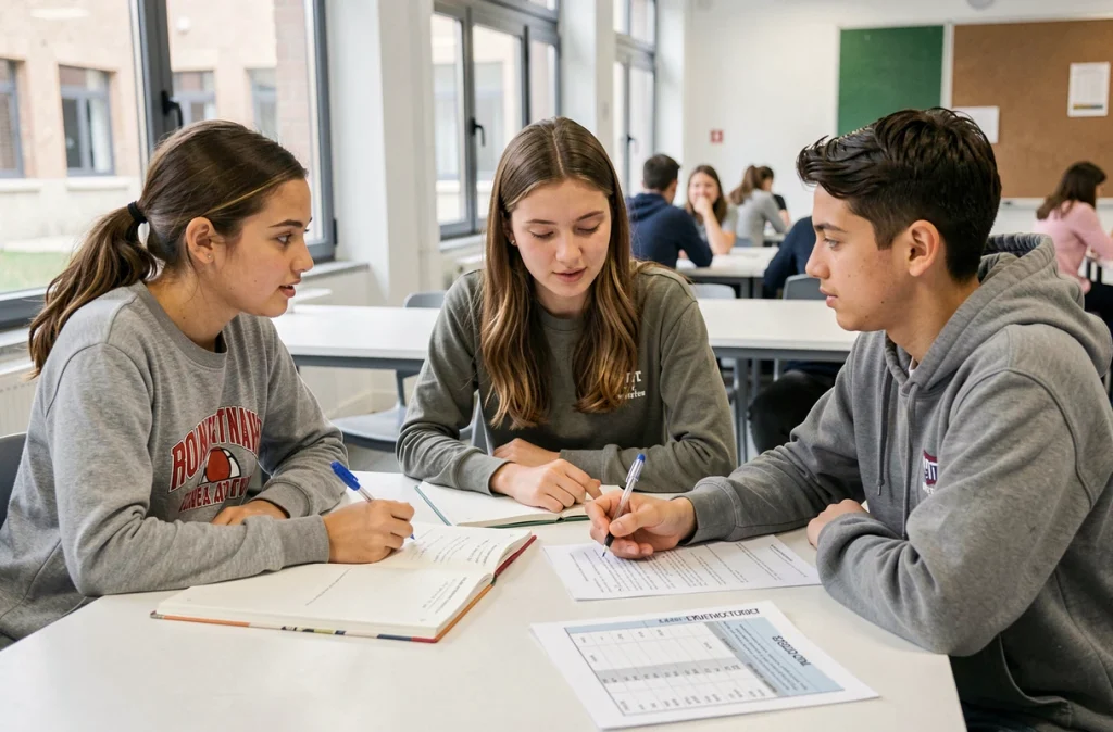 Groupe de lycéens discutant du coefficient de philosophie au baccalauréat dans une cafétéria scolaire