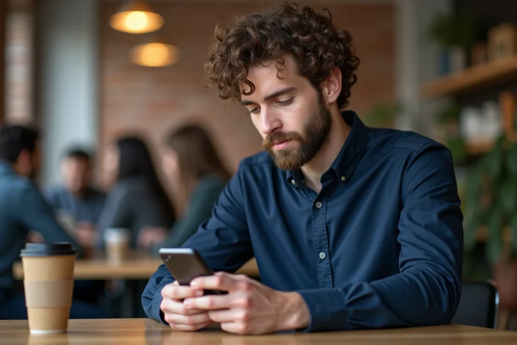 Homme configurant des alertes emploi culturel sur smartphone dans un espace de co-working