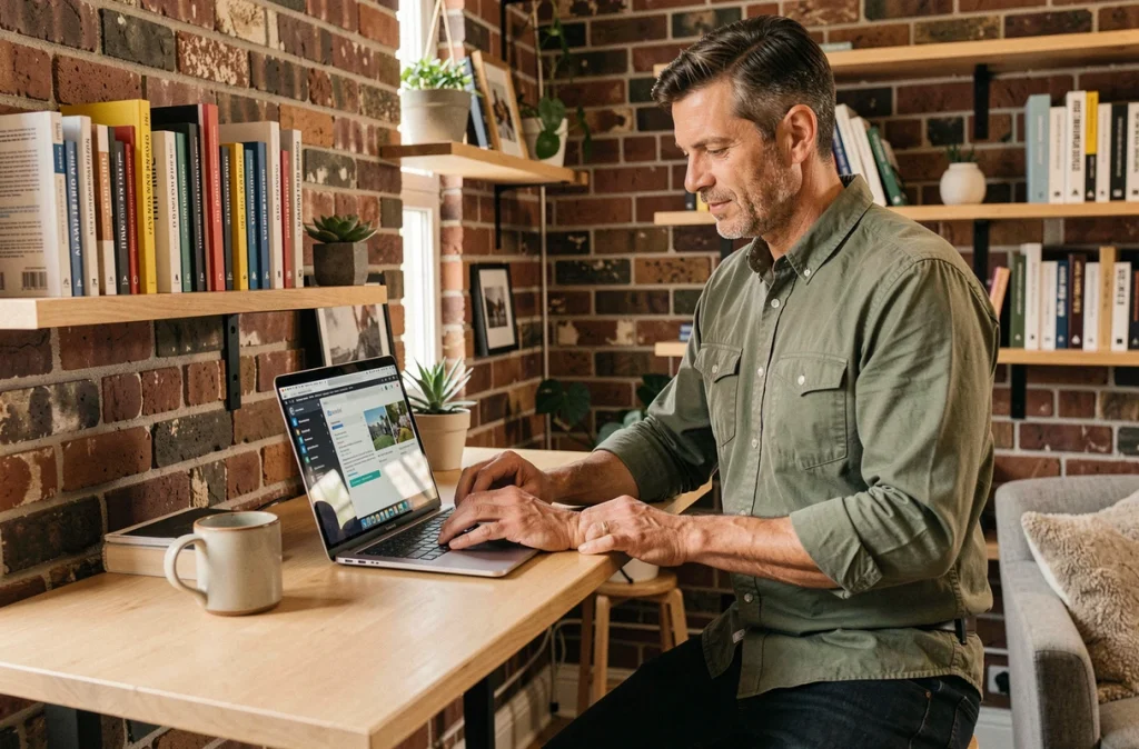 Homme consultant des modèles d'emailing sur un logiciel de newsletter depuis son bureau à domicile