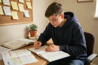 Lycéen qui annote un document de cours Solus à son bureau pour rester dans le programme scolaire