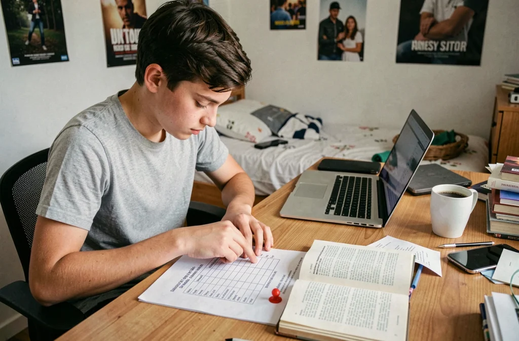Lycéen étudiant le barème et le coefficient de philosophie au bac depuis sa chambre