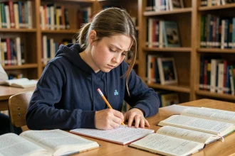 Lycéenne révisant ses notes de philosophie dans une bibliothèque scolaire avant le bac 2026