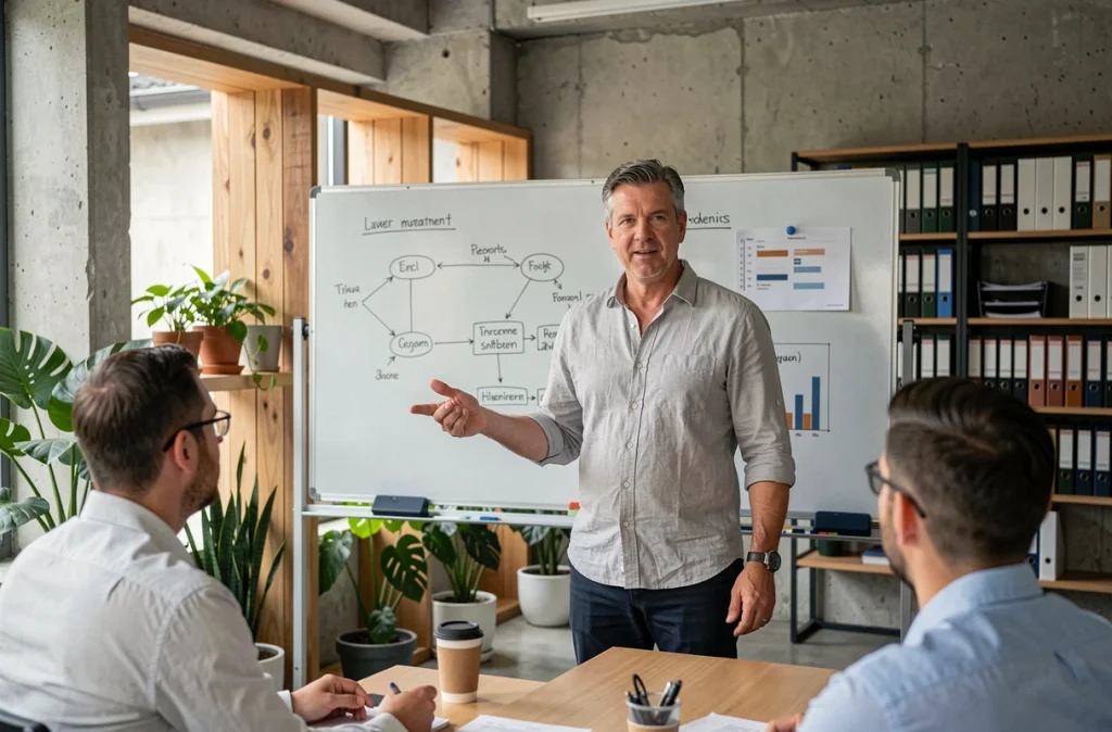 Manager animant une session de formation professionnelle pour son équipe dans une salle de réunion moderne