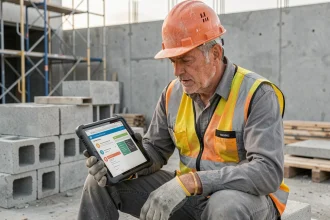 Un ouvrier BTP en pause sur un chantier consulte une formation à distance sur une tablette