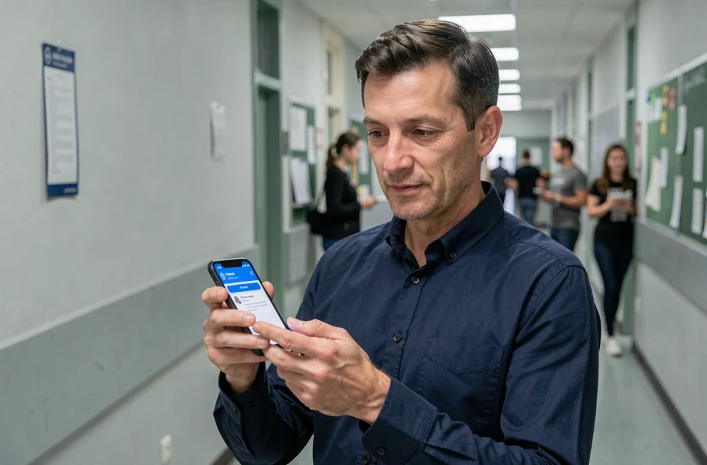 Parent d'élève consultant l'ENT via smartphone dans les couloirs d'une école Bordeaux INP