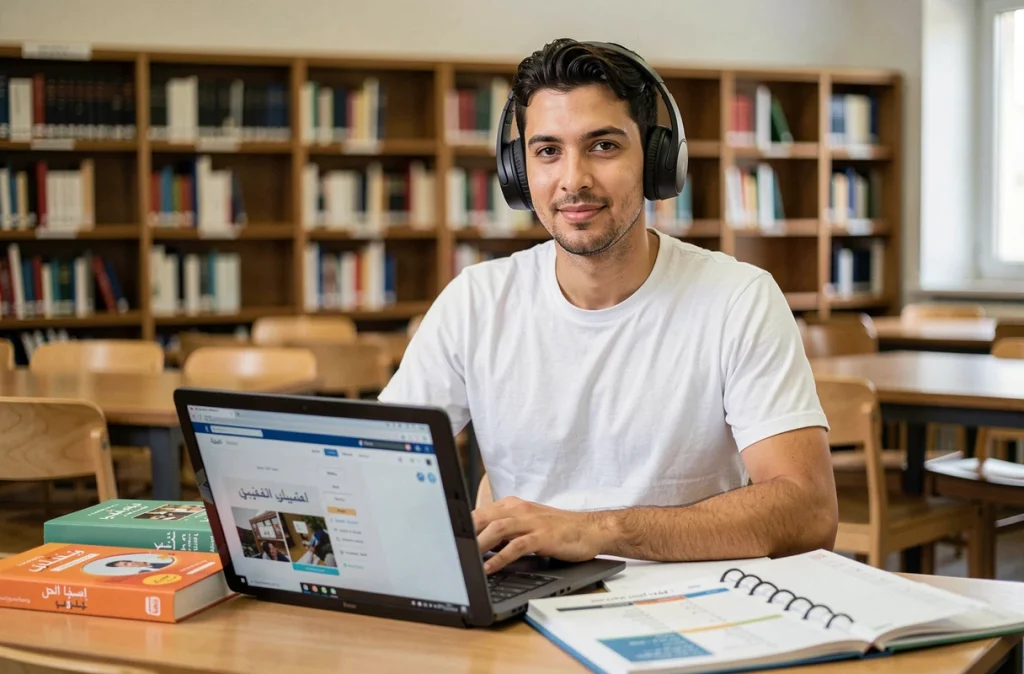 Personne en autodidacte apprenant l'arabe à la bibliothèque avec un ordinateur portable, des livres de langue et un planning sur 3 mois