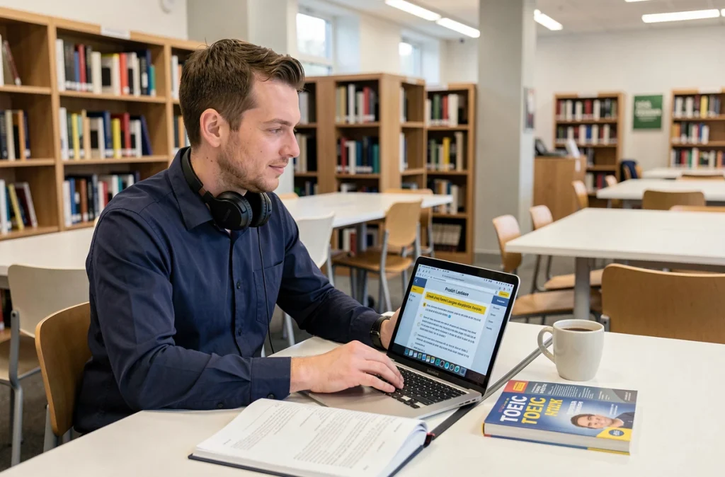Homme en bibliothèque préparant le TOEIC avec un ordinateur portable affichant un test d'entraînement listening et reading