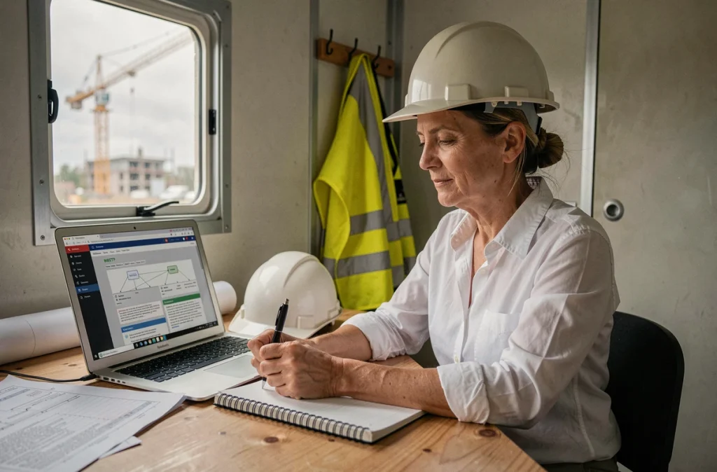 Une professionnelle du BTP suit une formation en ligne dans un bureau de chantier mobile