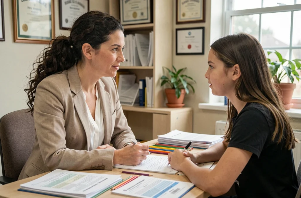 Psychologue scolaire accompagnant une adolescente dans la mise en place d'aménagements pédagogiques personnalisés au collège