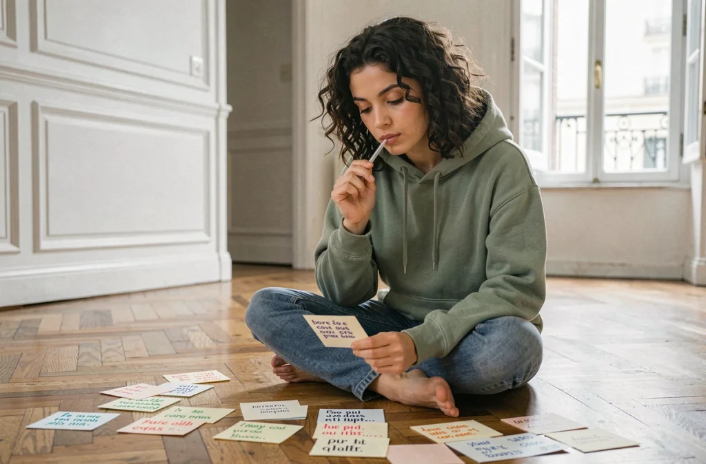 Jeune femme qui révise les règles de français avec des fiches colorées sur le sol d'un appartement