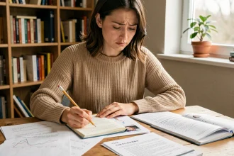 Jeune femme révisant un exemple de test TOEIC listening et reading avec des livres et exercices imprimés sur un bureau en bois