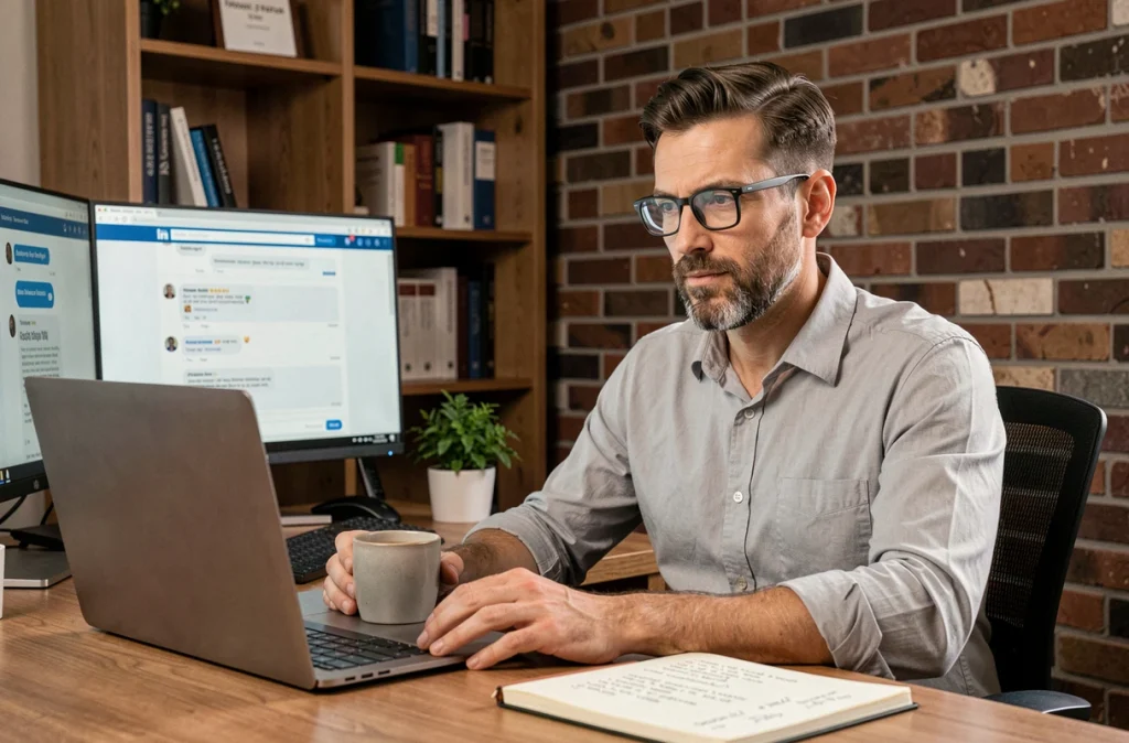 Homme en télétravail appliquant les techniques de social selling LinkedIn B2B appris en formation, avec un carnet de notes de prospection ouvert sur son bureau