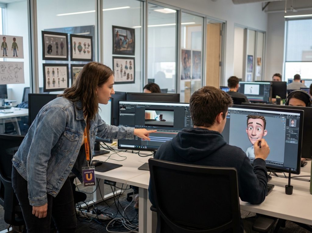 Deux stagiaires en studio d'animation 3D collaborant sur un logiciel de compositing et de rigging de personnages dans un environnement professionnel