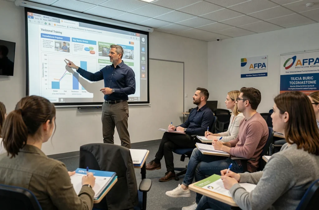 Formateur de l'AFPA Île-de-France animant une session de formation professionnelle en salle de classe