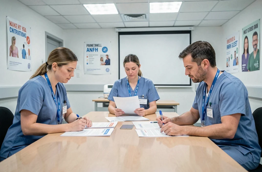 Professionnels de santé en formation continue ANFH Pays de la Loire dans une salle hospitalière