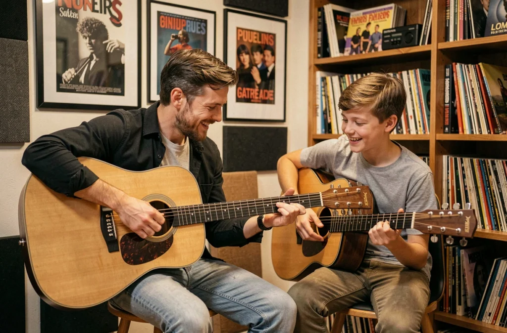 Un professeur d'ATZ Music enseignant la guitare acoustique à un adolescent dans un studio chaleureux et intime à Toulouse