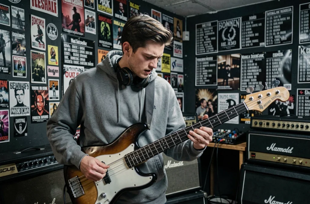 Un jeune homme jouant de la basse dans la salle de répétition de Bass n'Groove à Toulouse, entouré d'amplificateurs