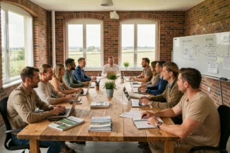 Groupe d'adultes en formation professionnelle dans un centre de Vendée, autour d'une table avec cahiers et ordinateurs portables
