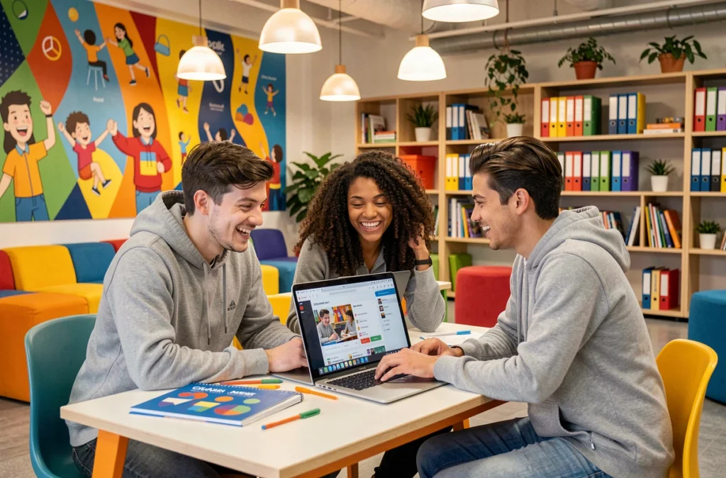 Étudiants de Clic Campus collaborant sur un ordinateur portable dans un espace de formation moderne et coloré