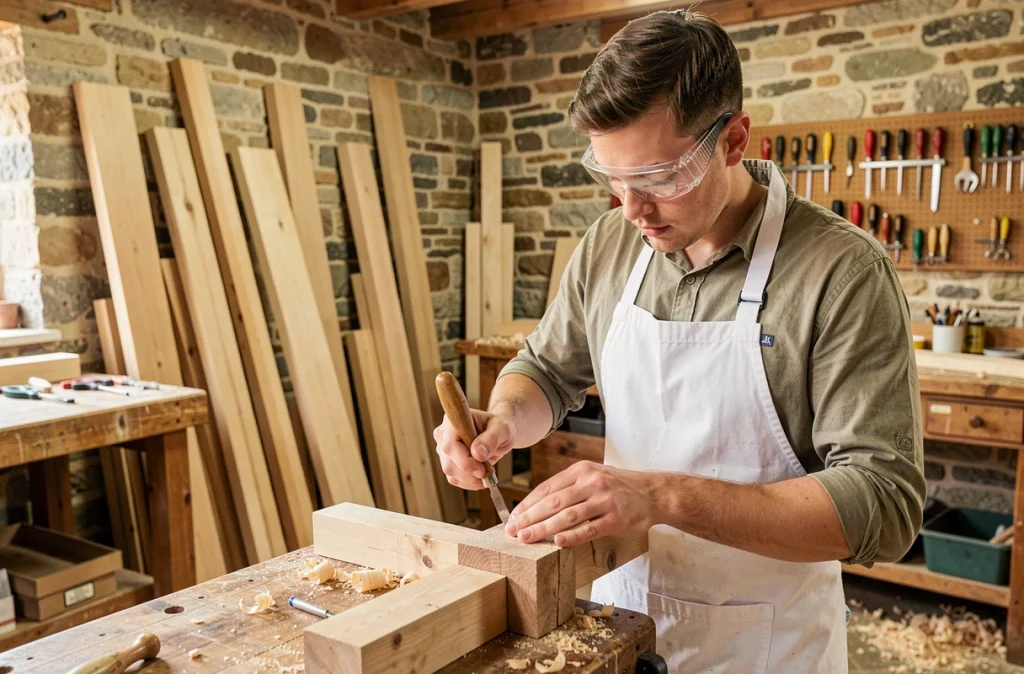 Apprenti artisan en formation à la CMA Formation Pays de la Loire dans un atelier d'artisanat