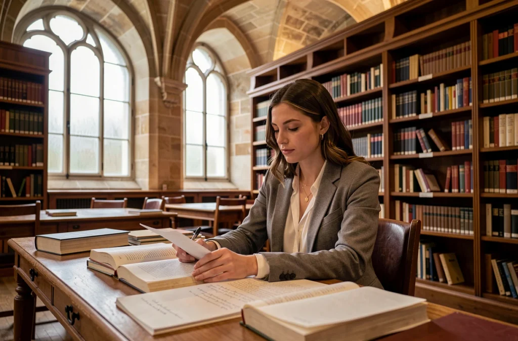 Étudiante du CNAM Île-de-France étudiant dans une bibliothèque universitaire historique de Paris