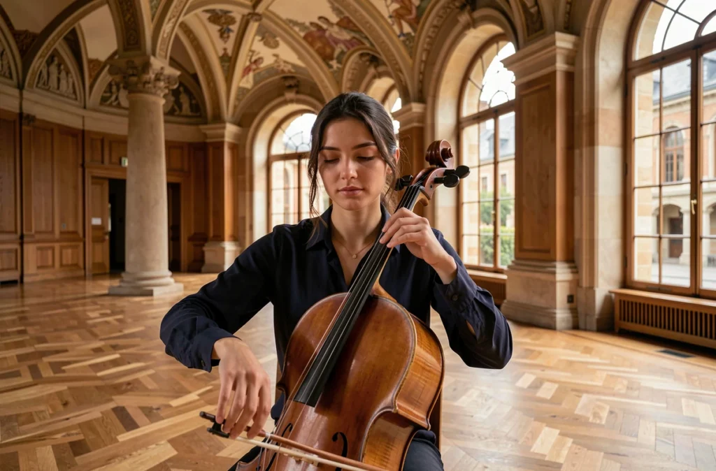 Une jeune femme jouant du violoncelle dans la grande salle de répétition du Conservatoire à rayonnement régional de Toulouse