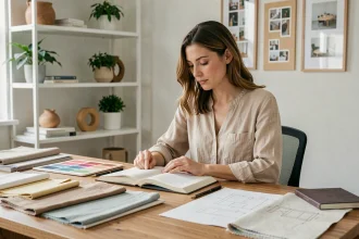 Femme suivant un cours de décoration intérieure en ligne à son bureau avec des échantillons de tissus et des planches couleurs