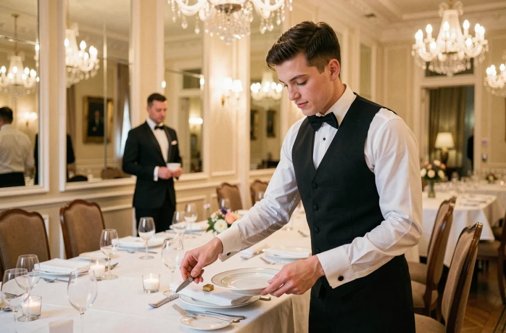 Étudiant en hôtellerie de l'école ECOFIH pratiquant le service en salle dans une salle de restaurant pédagogique élégante