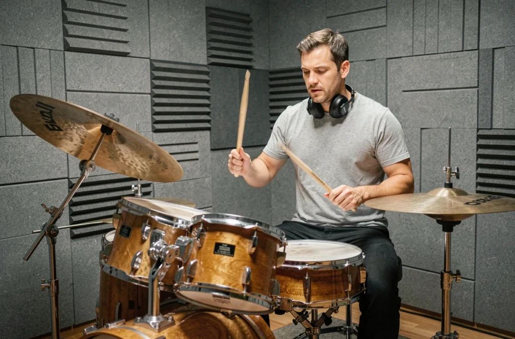 Un batteur adulte jouant sur une batterie acoustique complète dans le studio de l'École de Batterie Dante Agostini à Toulouse