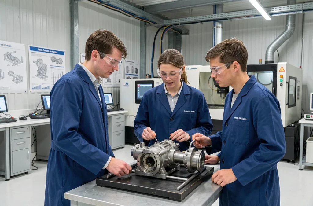 Étudiants ingénieurs travaillant sur un prototype en laboratoire à l'École Centrale de Nantes
