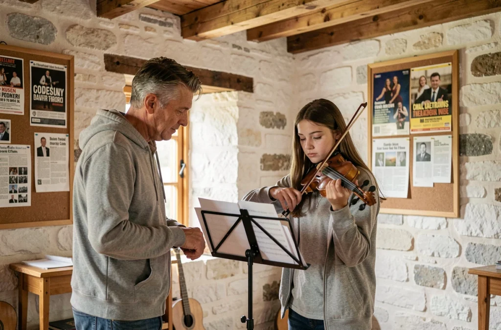 Un professeur enseigne le violon à une adolescente dans la salle rustique de l'École de Musique de Drémil-Lafage