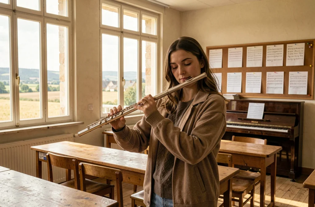 Une jeune femme jouant de la flûte dans la salle ensoleillée de l'École de musique intercommunale du Frontonnais