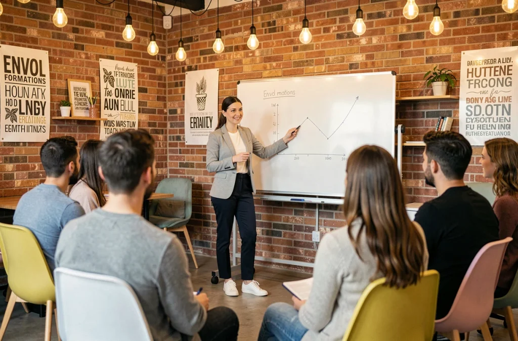 Jeune femme présentant un projet lors d'une formation entrepreneuriale chez Envol Formations