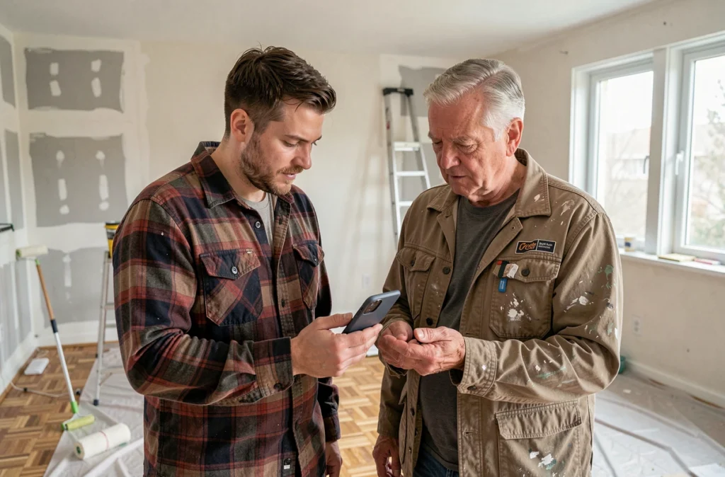 Deux bricoleurs consultant ensemble une formation en ligne sur smartphone pour éviter les erreurs coûteuses lors de travaux de rénovation intérieure