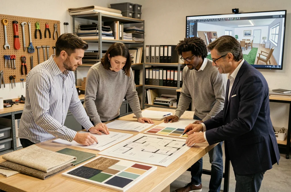 Groupe d'apprenants en décoration intérieure analysant des planches de matériaux et des plans dans un studio de design