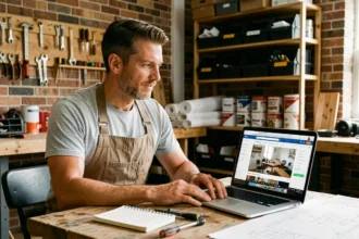 Homme bricoleur apprenant une formation en ligne sur la rénovation et les travaux à éviter les erreurs coûteuses
