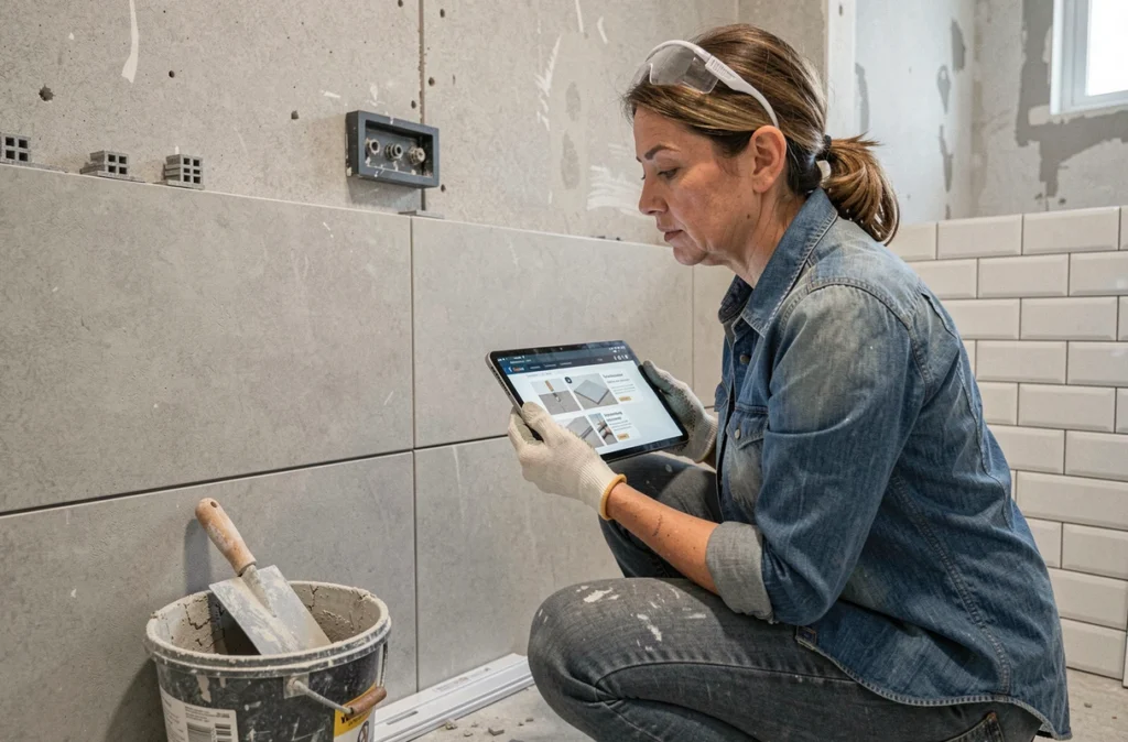 Femme consultant une formation en ligne sur tablette pour éviter les erreurs lors de la pose de carrelage en rénovation salle de bain