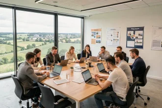 Groupe d'adultes en formation professionnelle dans un centre moderne des Pays de la Loire
