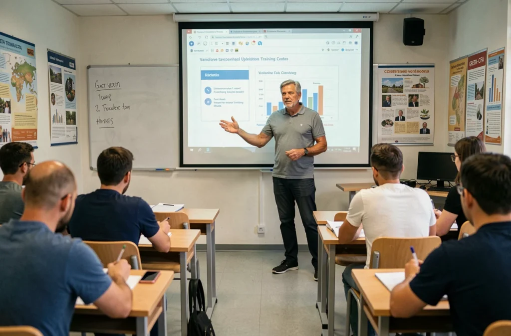 Formateur animant un cours pour adultes dans une salle de classe du GRETA-CFA de Vendée