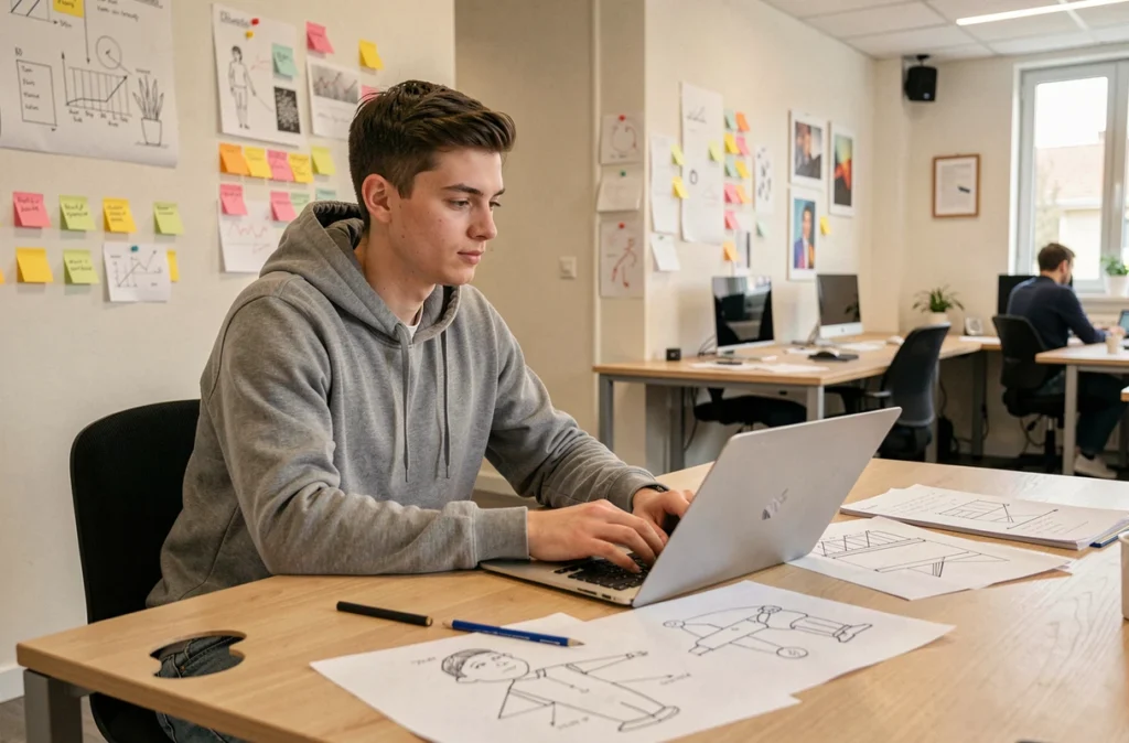 Jeune apprenti travaillant sur un projet créatif dans les locaux de iA L'Intelligence Apprentie à La Roche-sur-Yon