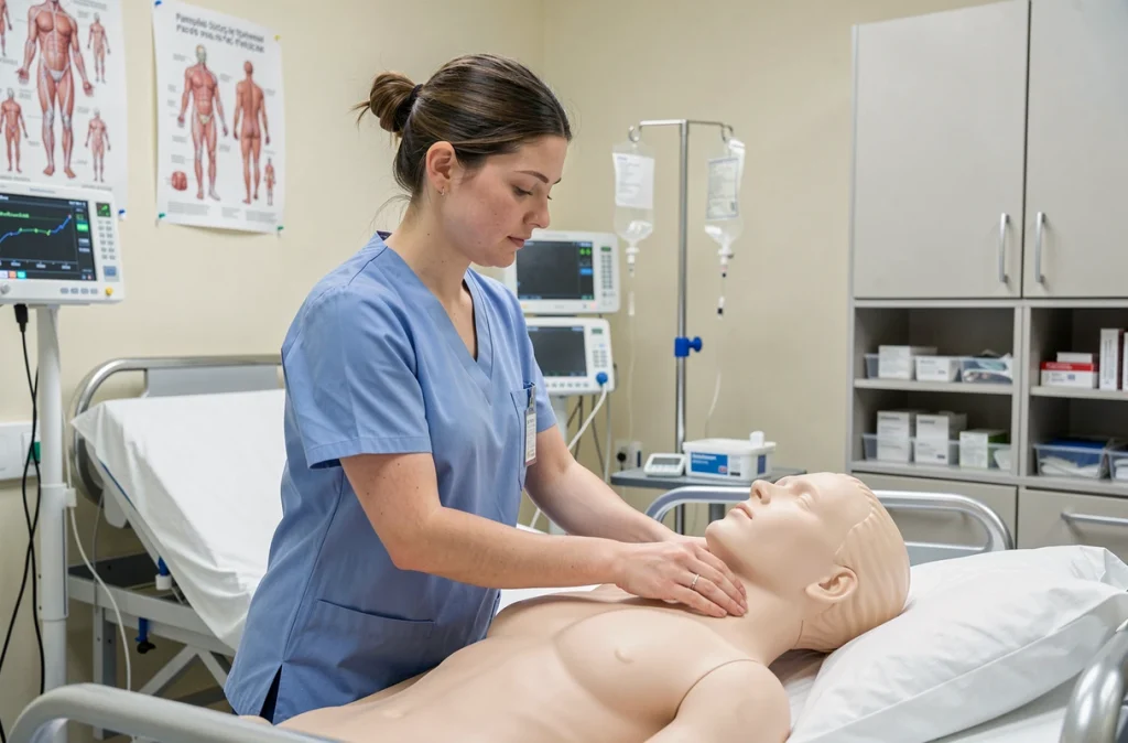 Étudiante infirmière en simulation clinique à l'IFSI des Pays de la Loire