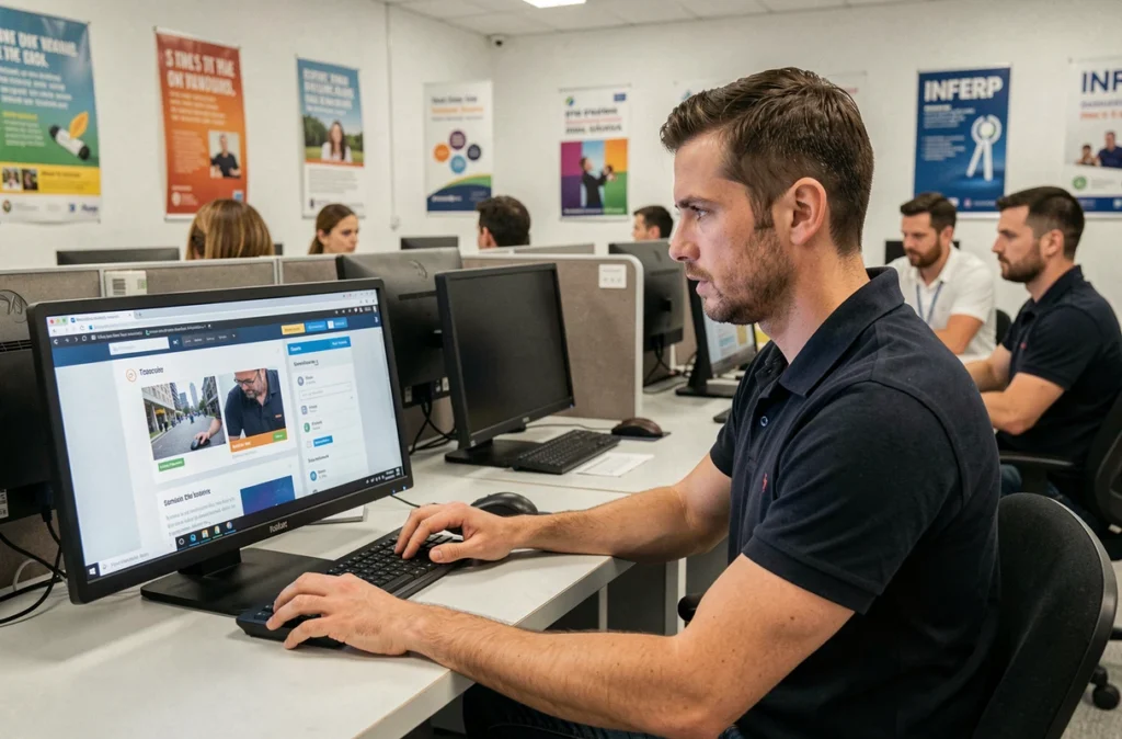Adulte en formation numérique à l'INFREP Île-de-France dans une salle informatique de formation continue